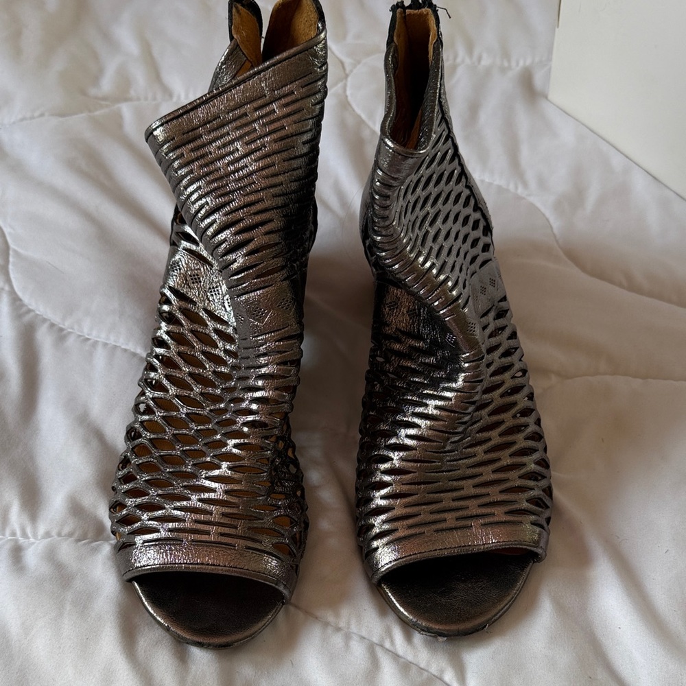 Open-Toe Metallic Ankle Booties in Silver